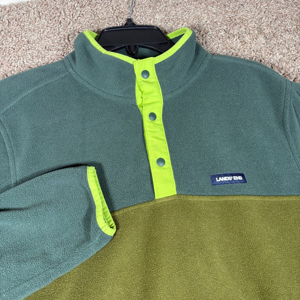 Lands End Mens Fleece Pullover Snap Neck Colorblock Green Neon Lime M